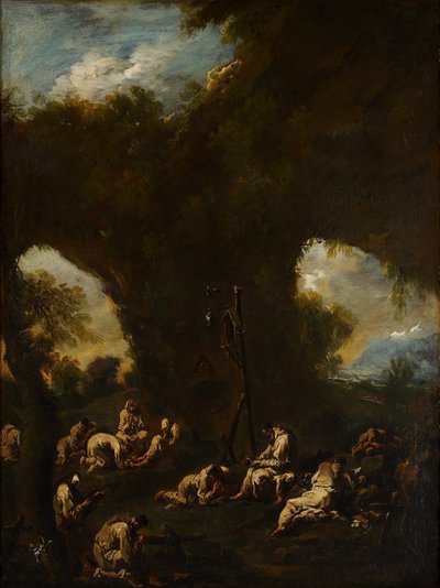 Monniken bidden in een grot, c.1730 door Alessandro Magnasco